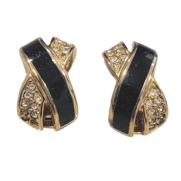 Christian Dior Black Enamel Gold Toned Round Crystal X Design Clip-On Earrings - Picture 1 of 6